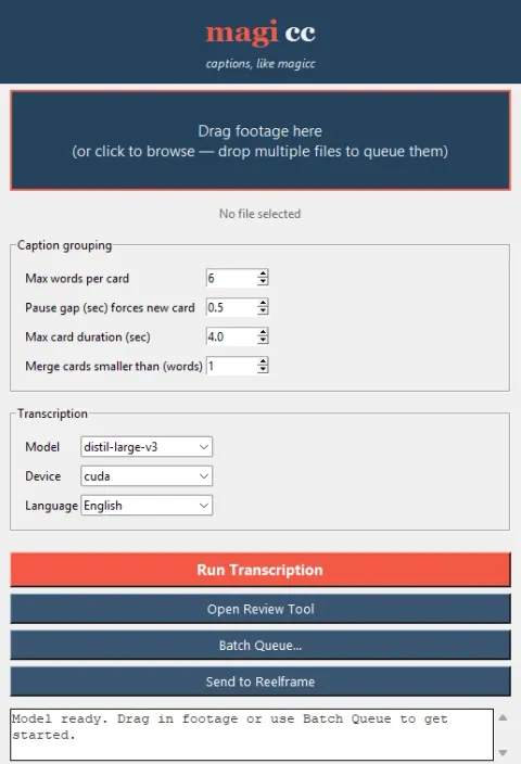 MagiCC transcription app with caption grouping and WhisperX model settings, and buttons to open the review tool, batch queue and send to ReelFrame