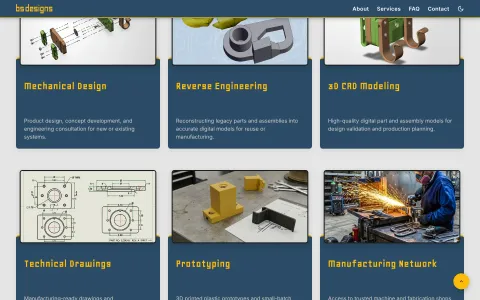 The bsdesigns services page: six service cards with illustrations of mechanical design, reverse engineering, 3D CAD modelling, technical drawings, prototyping and manufacturing.