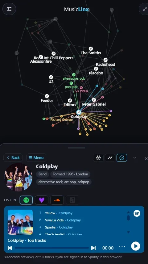 MusicLinx map on a phone with Coldplay's connections highlighted and a Spotify player