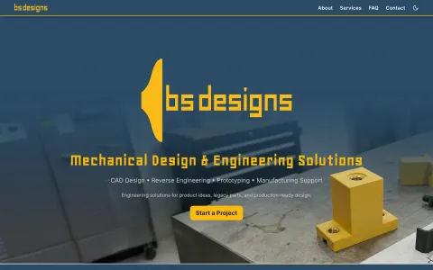 The bsdesigns website: a blue gridded page with the bs designs logo, Mechanical Design and Engineering Solutions, and a Start a Project button.