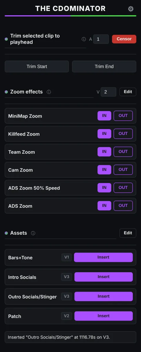 The CDominator panel in Premiere Pro with trim, censor, zoom effect and asset insert buttons