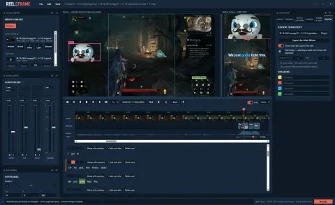 ReelFrame editing a gameplay video into a vertical short, with word-by-word captions, a transcript review panel and an audio mixer